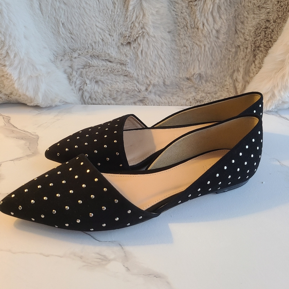 J CREW, ‘SLOAN’ BLACK SUEDE, STUDDED, D'ORSAY FLATS, SZ 7.5